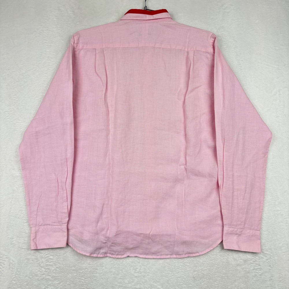 Mister French Mens XL Pink Linen Long Sleeve Button Down Shirt Red Collar Accent - Picture 5 of 8